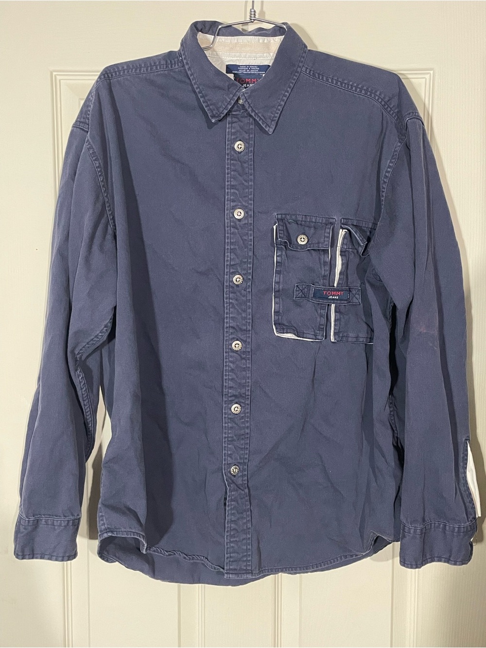 VINTAGE TOMMY HILFIGER Corduroy Shirt Size L Men's Long Sleeve Blue Y2K Pockets